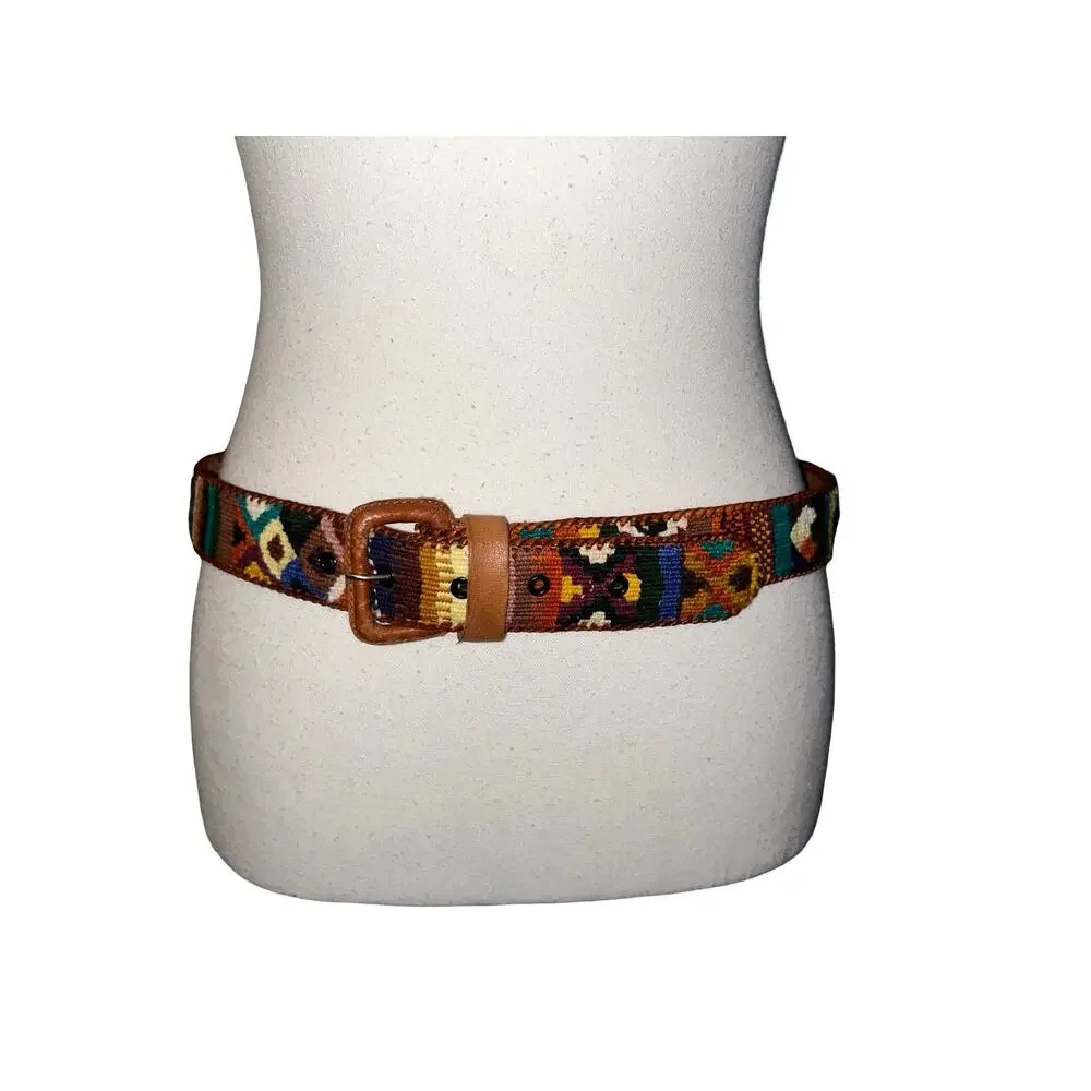 Vintage Y2K Leather & Tapestry Woven Belt – Size 34